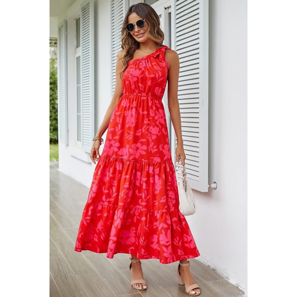 Womens 2024 Floral Knot One Shoulder Sleeveless Ruffle Boho Dress - Picture 4 of 9